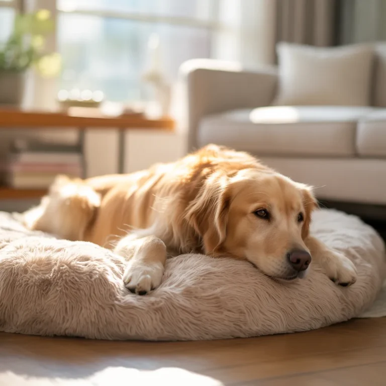 best anti-anxiety dog bed - golden retriever calm and relaxed in a deep dish calming bed