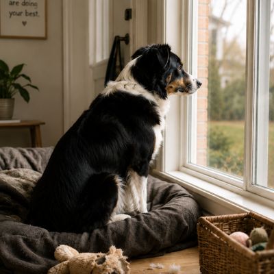 Border collie looking out the window, waiting for owner to return