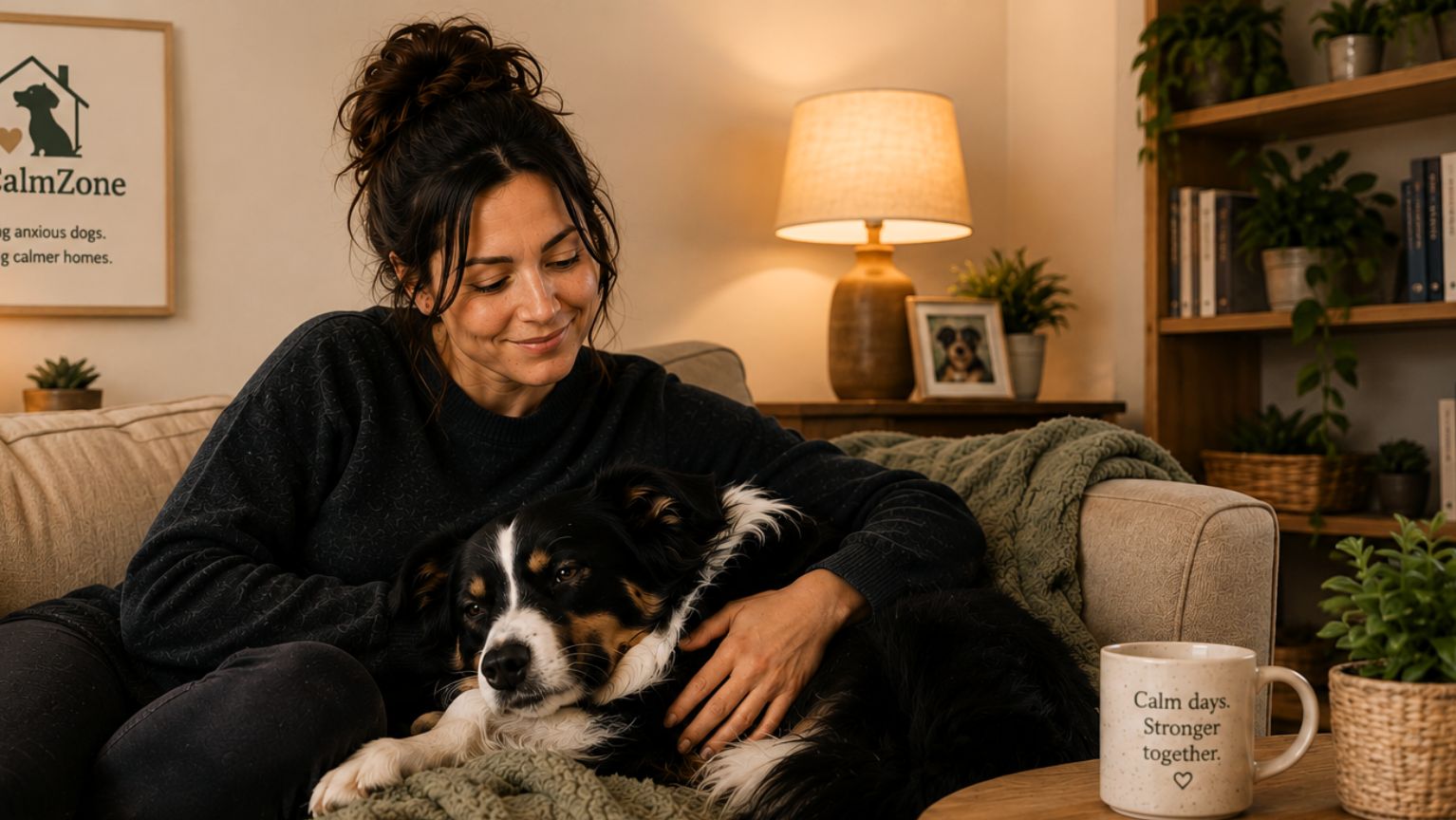 Emma Reynolds sitting on the sofa with her border collie, calm and connected