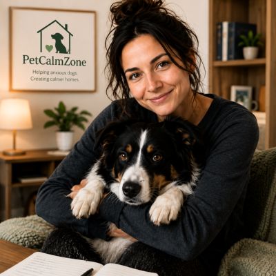 Emma Reynolds, founder of PetCalmZone, holding her border collie