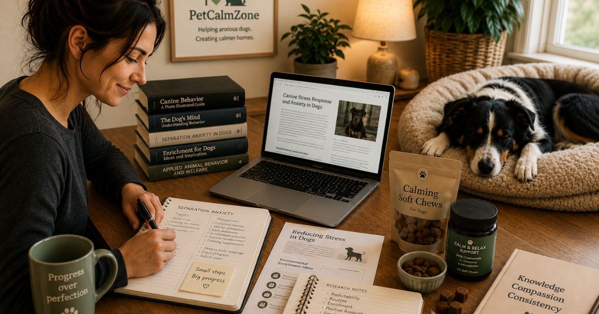 Emma Reynolds at her research desk with canine behavior books and calming products
