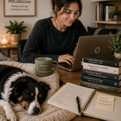 Emma Reynolds researching canine behavior with her border collie beside her