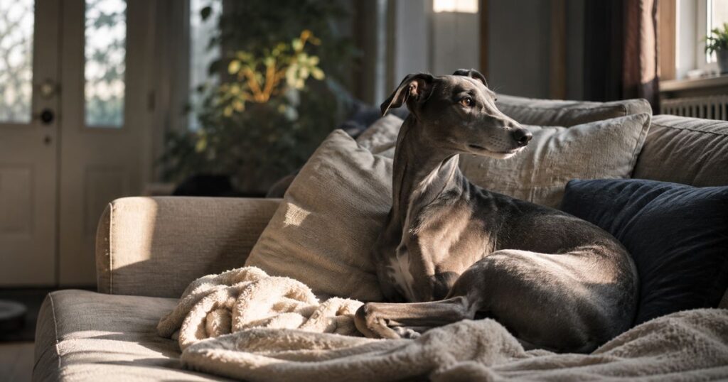 Anxious dog lying on couch alone at home showing stress behavior