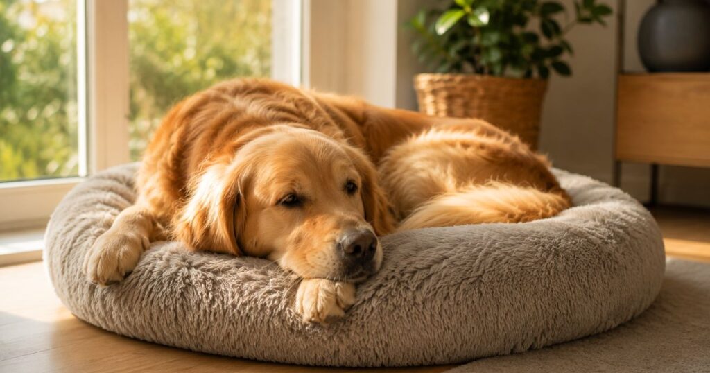 relaxed golden retriever lying calmly on a dog bed near a window