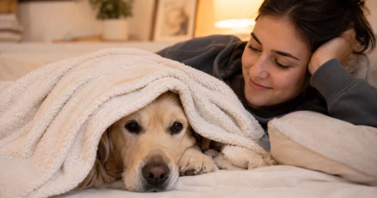 Golden retriever hiding under a blanket with owner during fireworks anxiety
