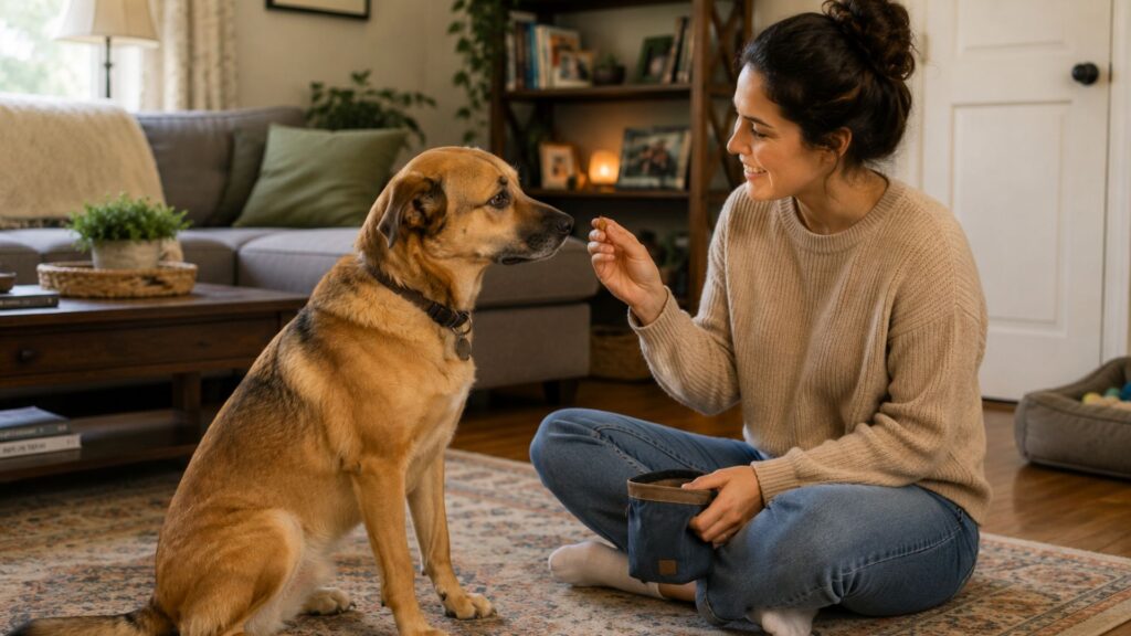 dog separation anxiety guide - owner and dog doing calm training session at home