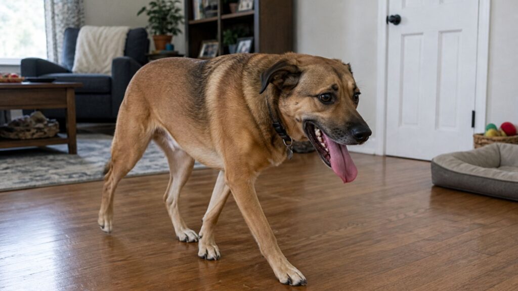 dog separation anxiety symptoms - anxious dog panting and pacing indoors