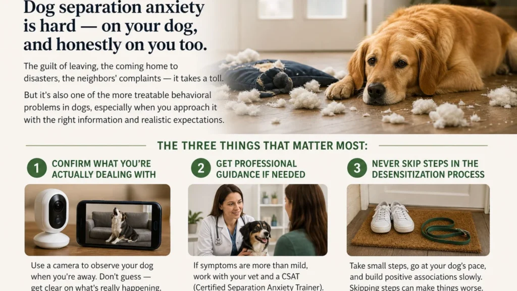 dog separation anxiety infographic - three key steps: use a camera, get professional guidance, and never skip desensitization