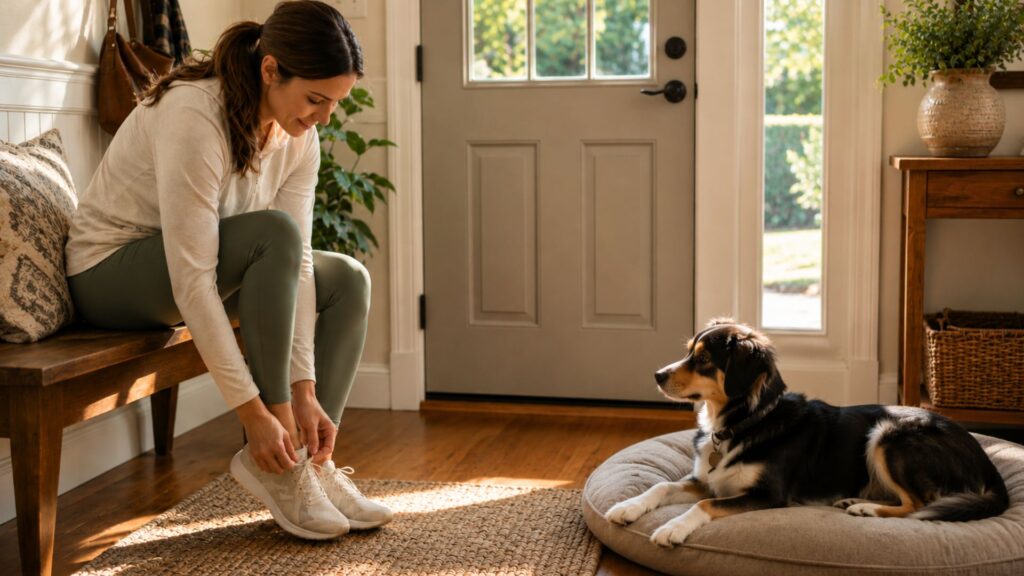 departure cue desensitization - owner practicing how to train dog with separation anxiety step by step