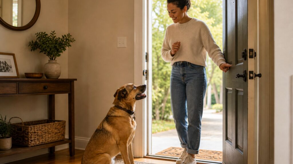 dog separation anxiety treatment - owner doing desensitization training at front door