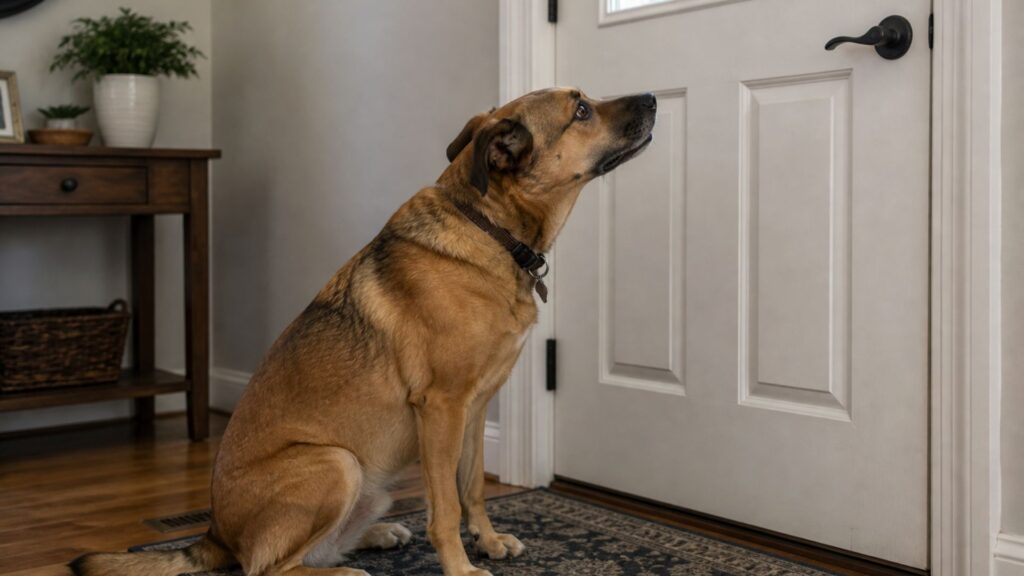 dog with separation anxiety waiting at front door - anxious dog behavior