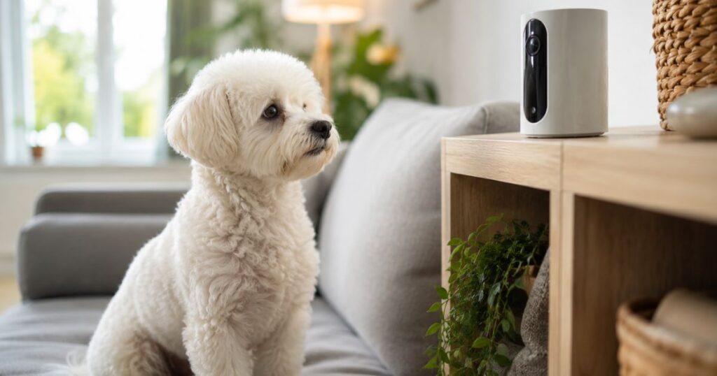 small white dog looking at a dog camera mounted on a shelf in a living room
