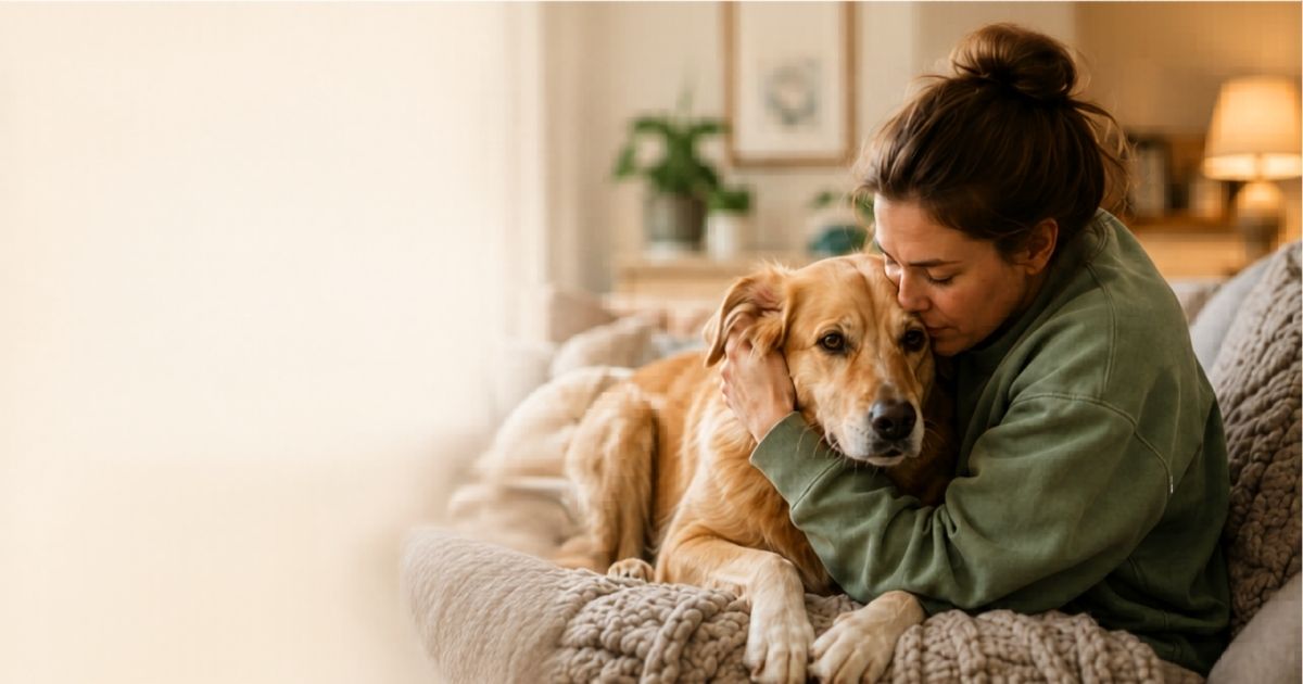Woman comforting her anxious dog at home